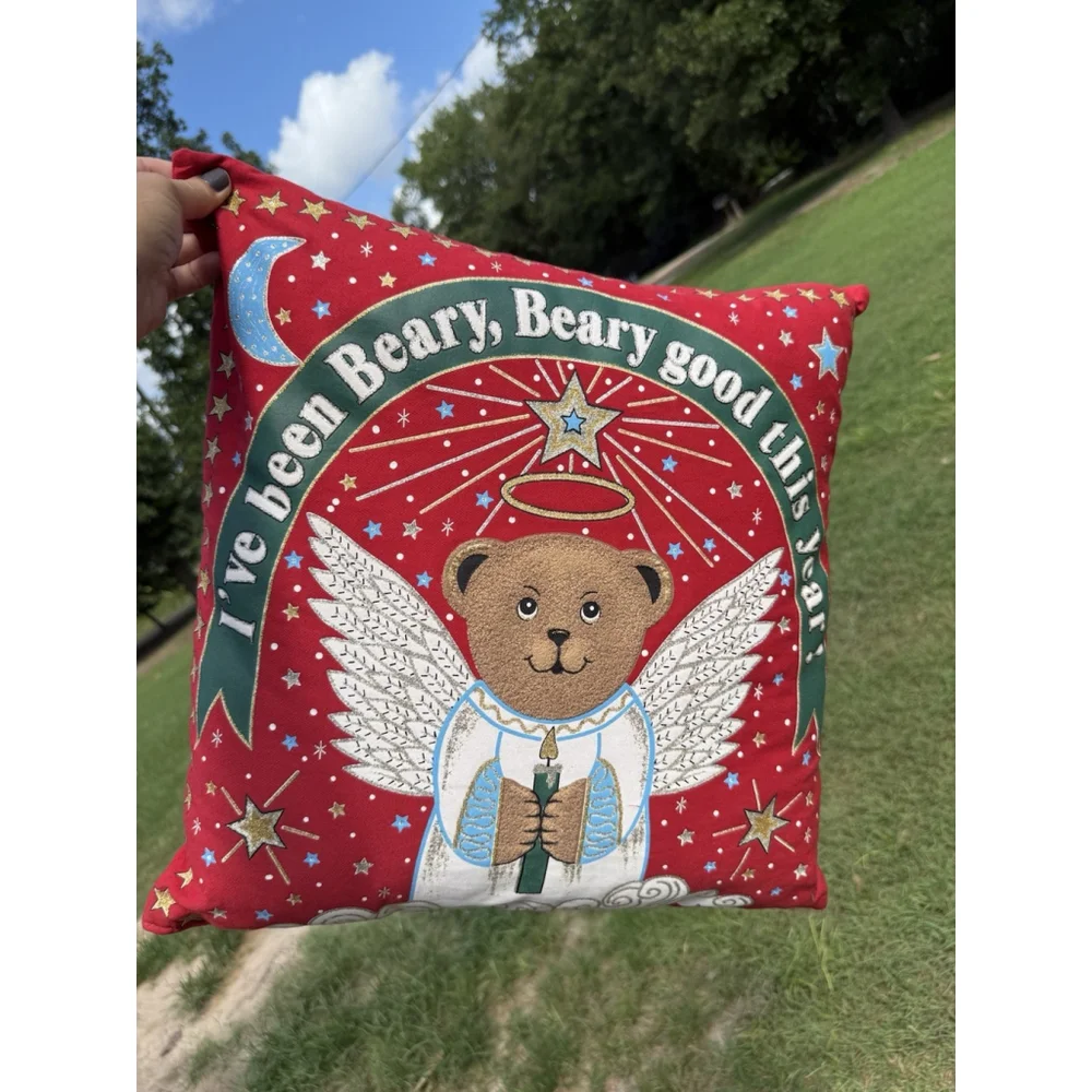Vintage Decorative Christmas Bear Throw Pillow Puff Paint “Beary Good This Year”